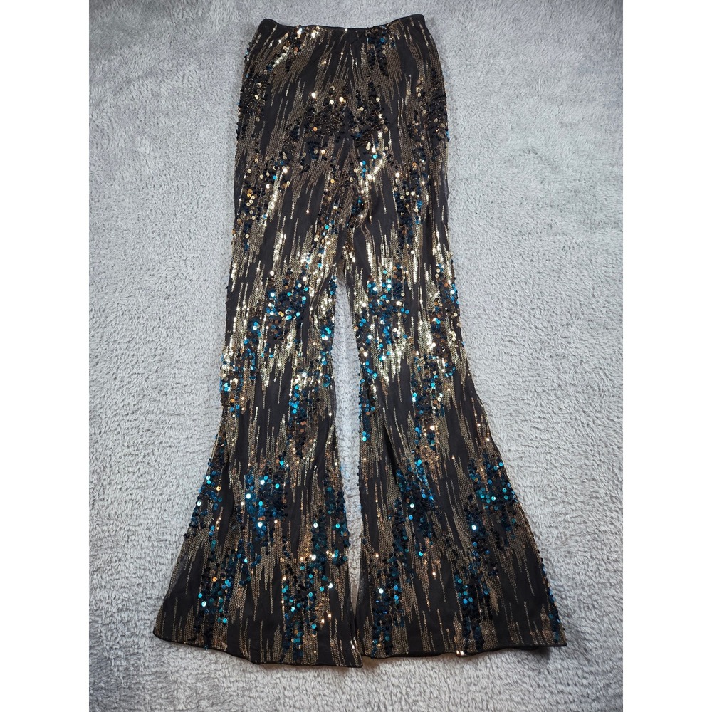SHEINBAE Sequin Flare Pants XS Black Gold Teal Womens High Waist Party Trousers - Picture 5 of 10